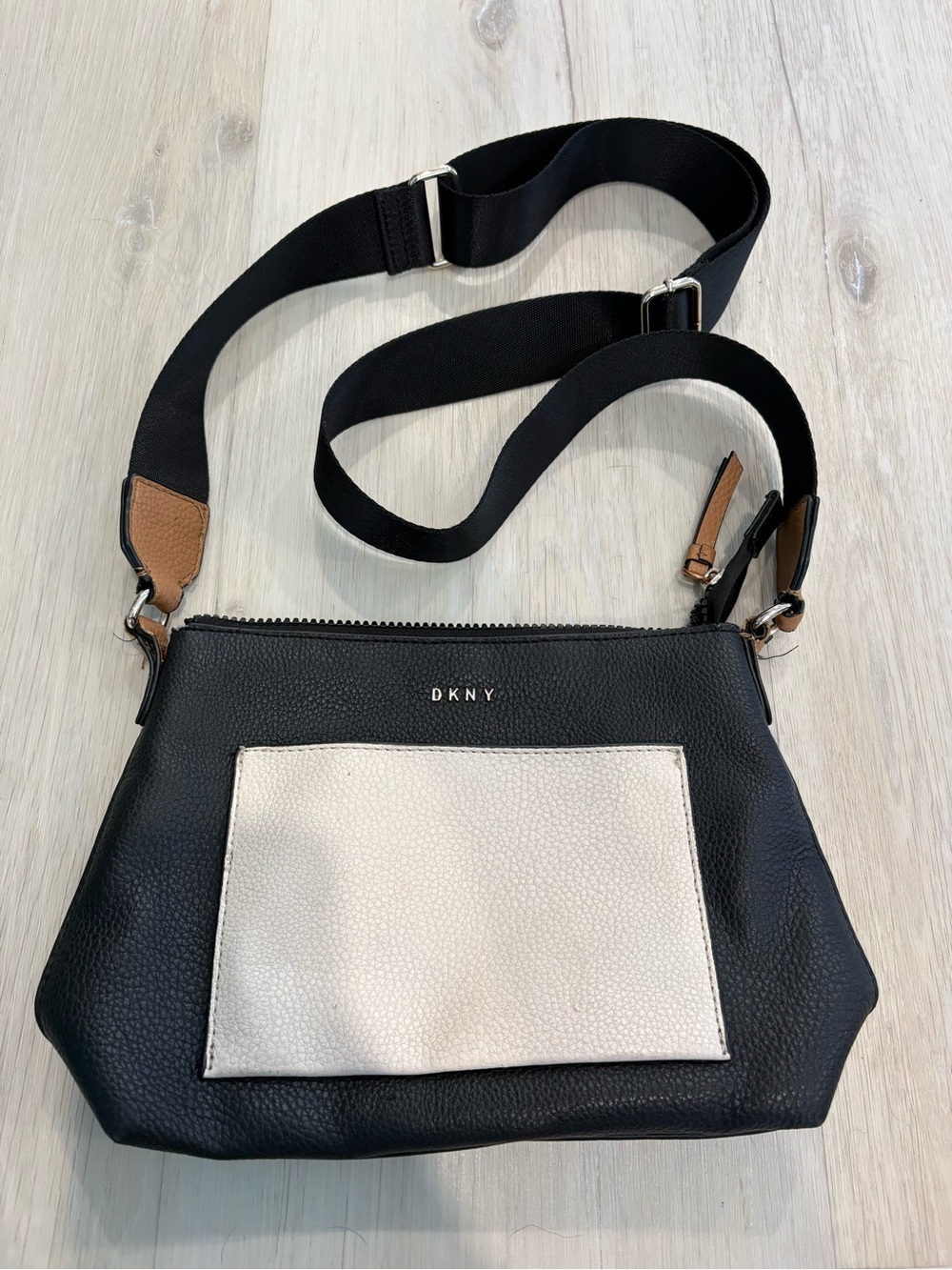 DKNY Black and Cream Pebbled Leather Crossbody with Brown Accents